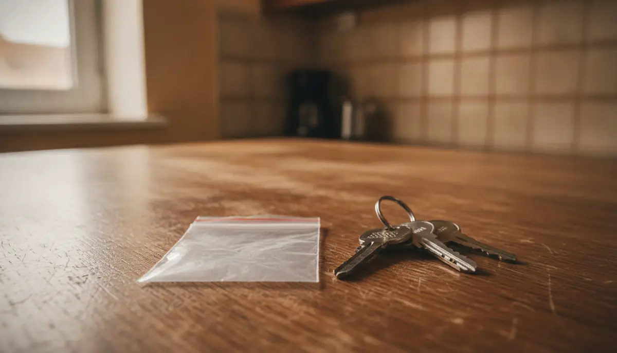 Petit sachet plastique neutre posé sur une table en bois, sans étiquette ni marque