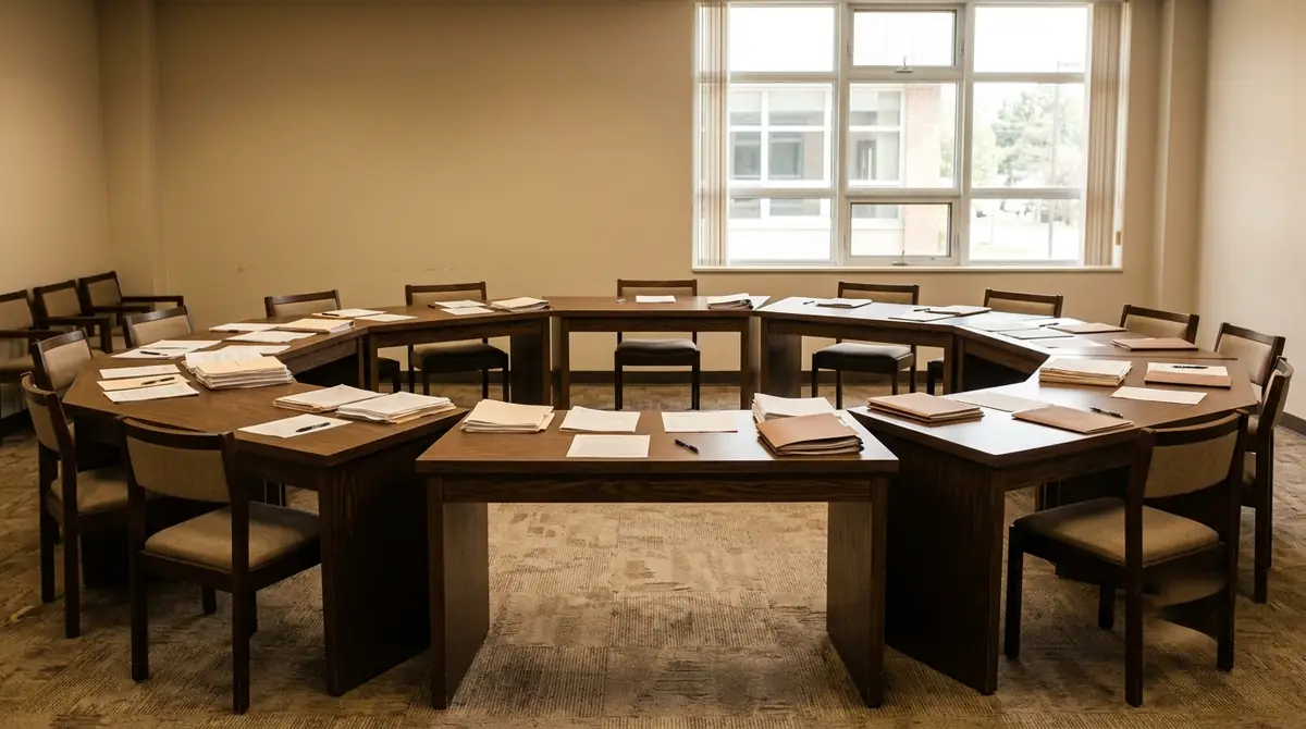 Salle de reunion de conseil vide avec table en bois et documents au Canada