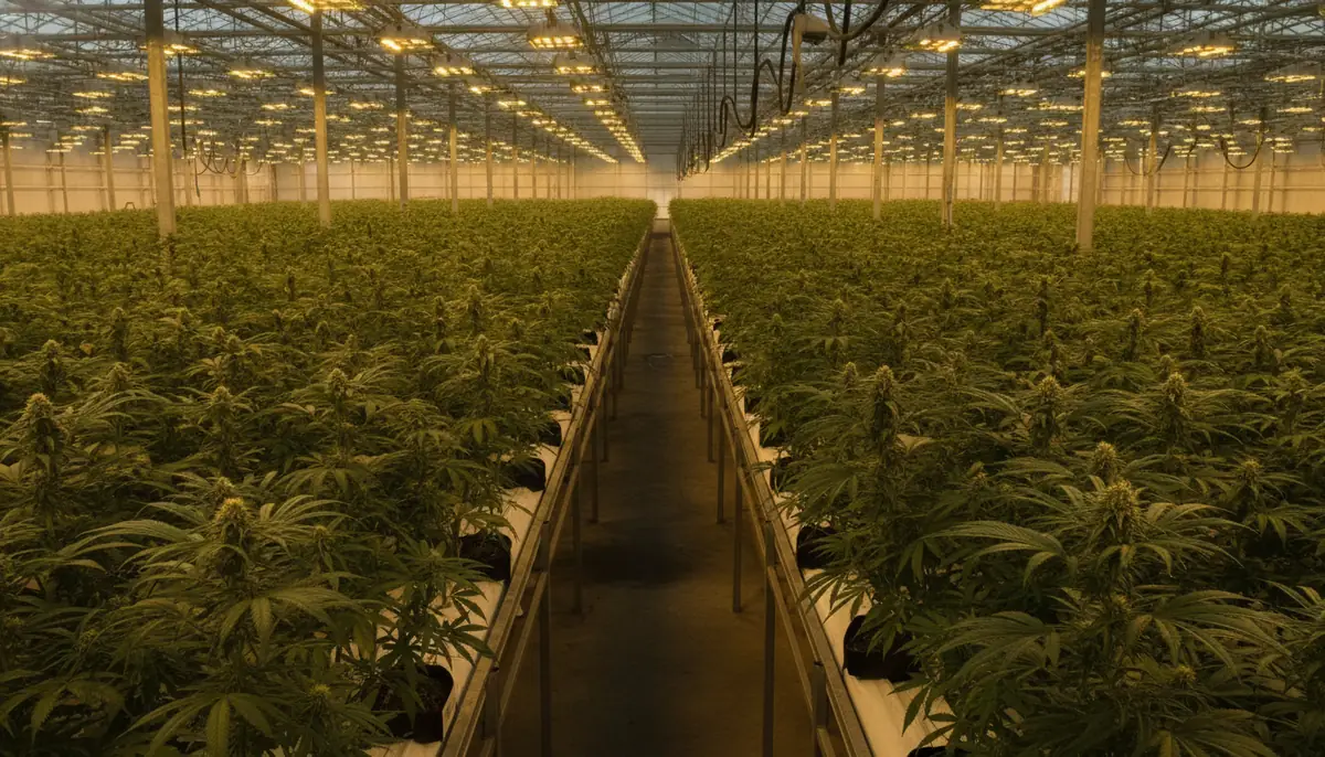Rangées de plants de cannabis dans une grande serre de production sous éclairage horticole