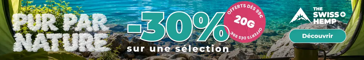 The Swiss Hemp, pur par nature : -30% sur une sélection, 20 g offerts dès 99 €, du 22/07 au 17/08