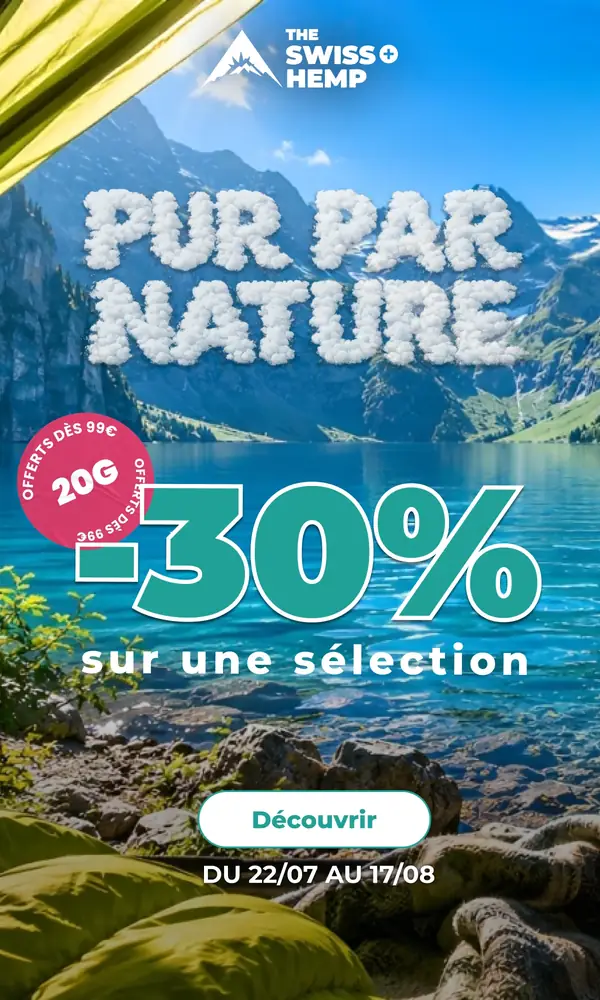 The Swiss Hemp, pur par nature : -30% sur une sélection, 20 g offerts dès 99 €, du 22/07 au 17/08
