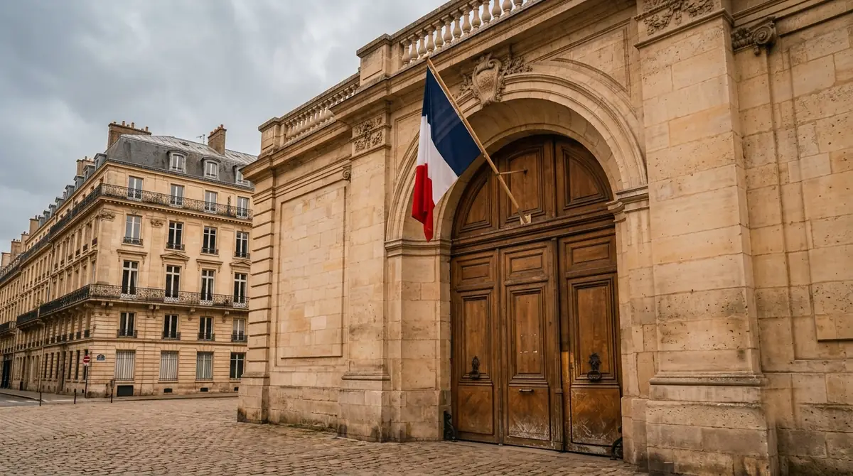 Entrée d'un tribunal avec drapeau français en façade