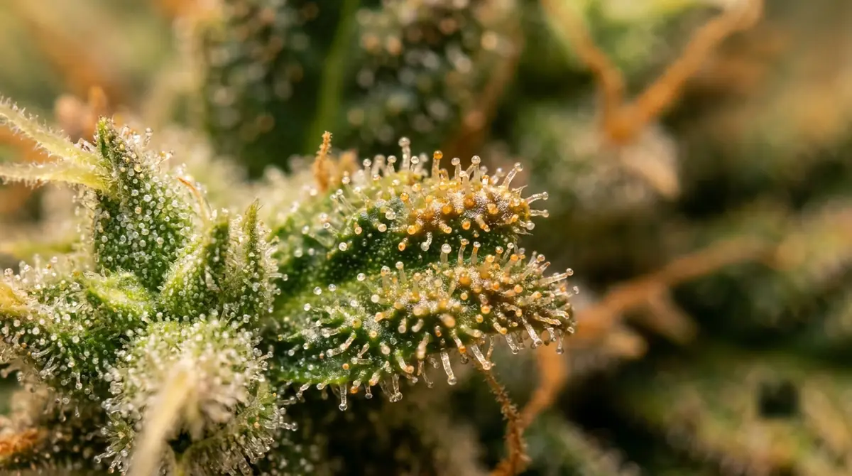 Vue macro des trichomes résineux à la surface d'une fleur de cannabis