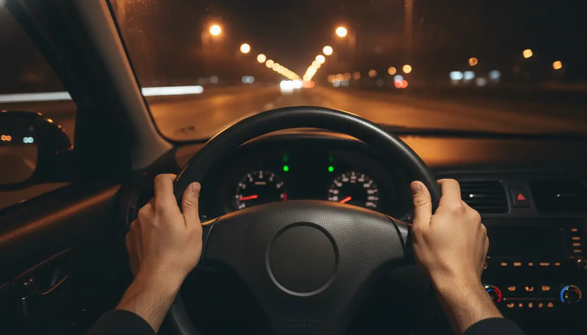Un conducteur les mains sur le volant, de nuit, sur une route eclairee par les phares