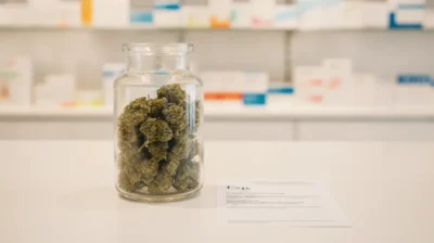 Fleurs de cannabis medical dans un bocal en verre sur le comptoir d'une pharmacie allemande