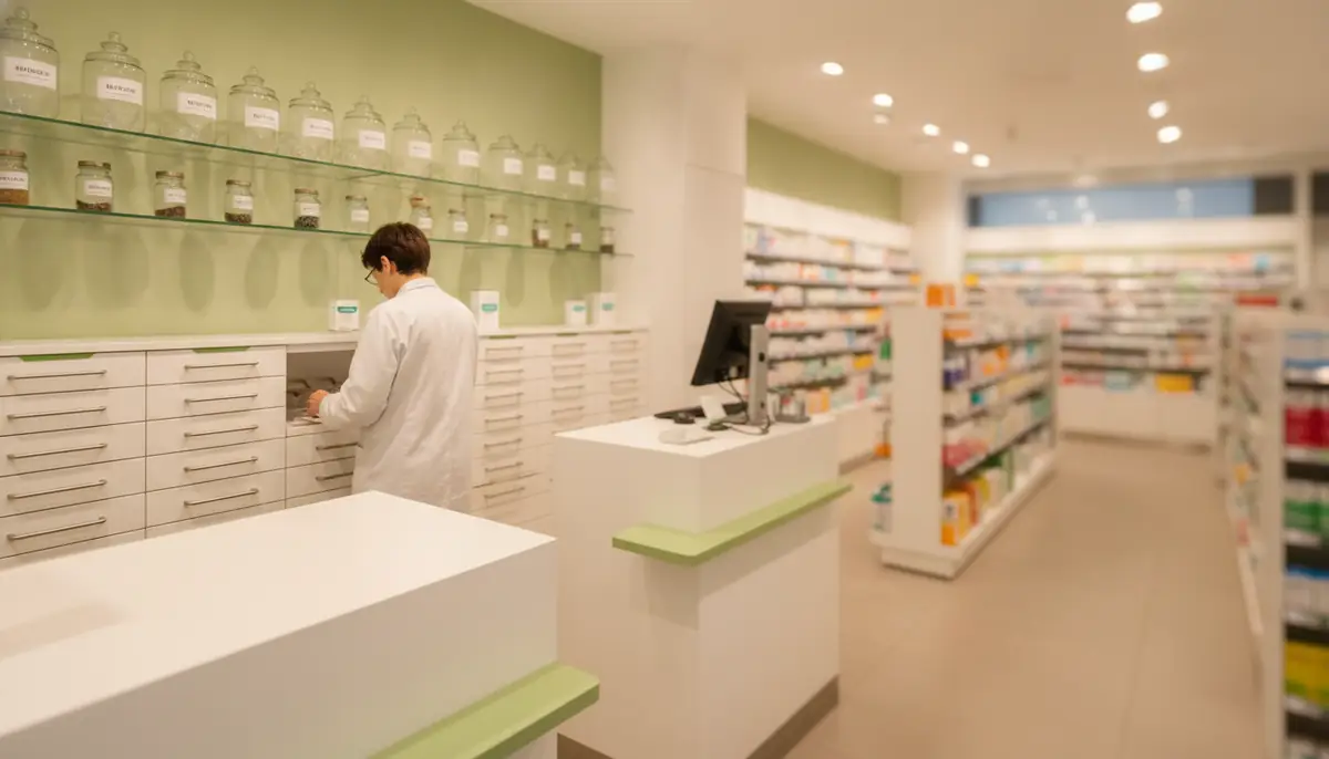 Comptoir d'une pharmacie allemande avec des bocaux de fleurs de cannabis medical