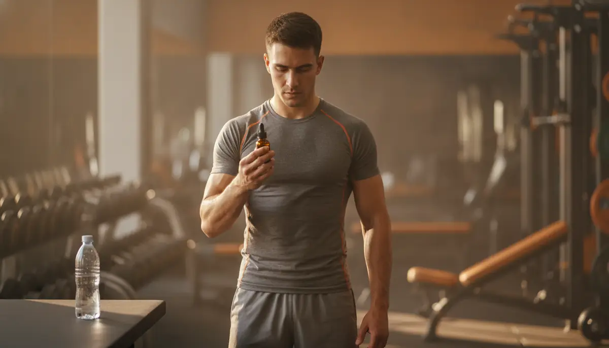 Sportif en tenue tenant un flacon d'huile de CBD dans une salle d'entrainement, apres l'effort