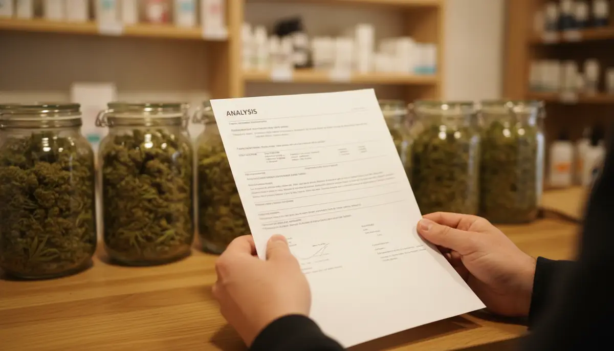 Comptoir d'une boutique de CBD avec des bocaux de fleurs et un document d'analyse posé à côté
