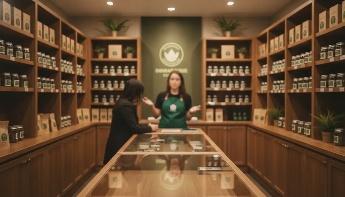 Interieur d'une boutique de cannabis legale au Canada, produits alignes sur des etageres, un client de dos devant le comptoir