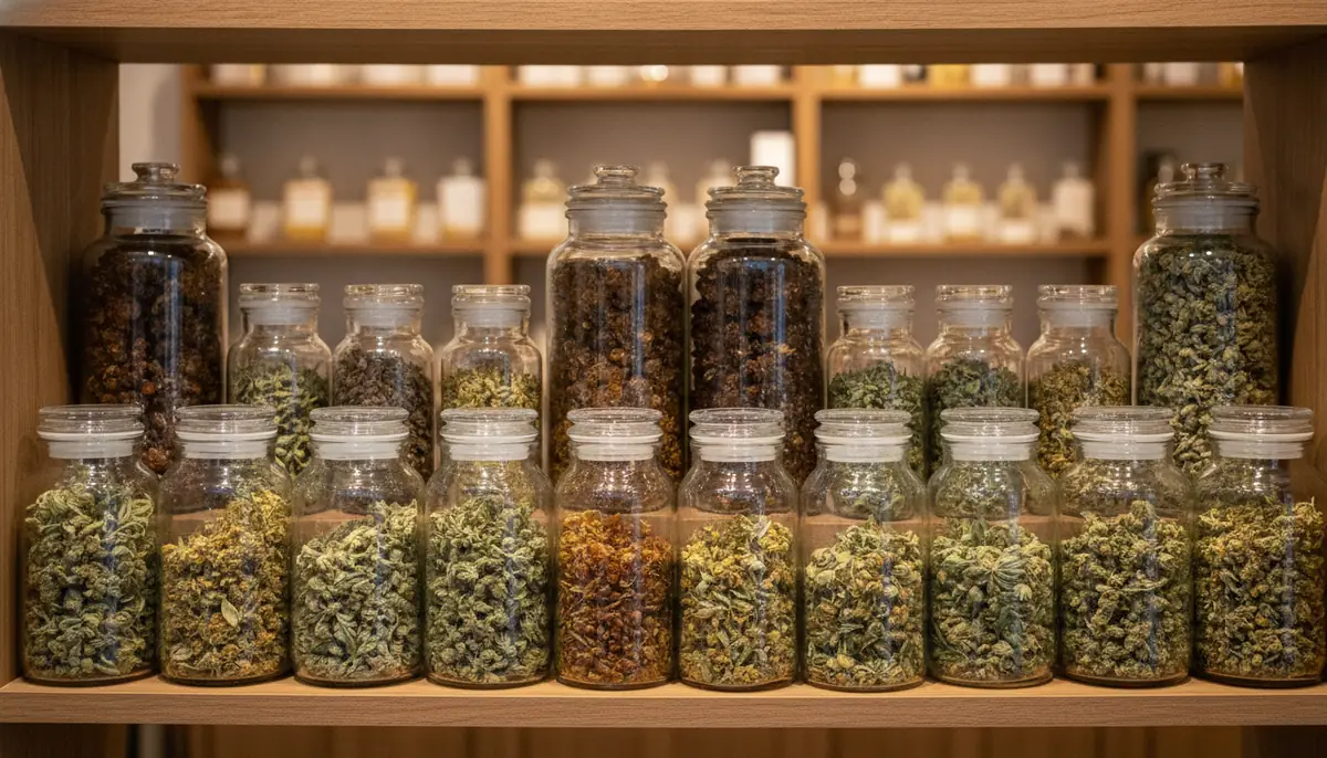 Rayon d'une boutique de CBD en France avec des bocaux neutres de résine et de fleurs, sans marque ni texte lisible