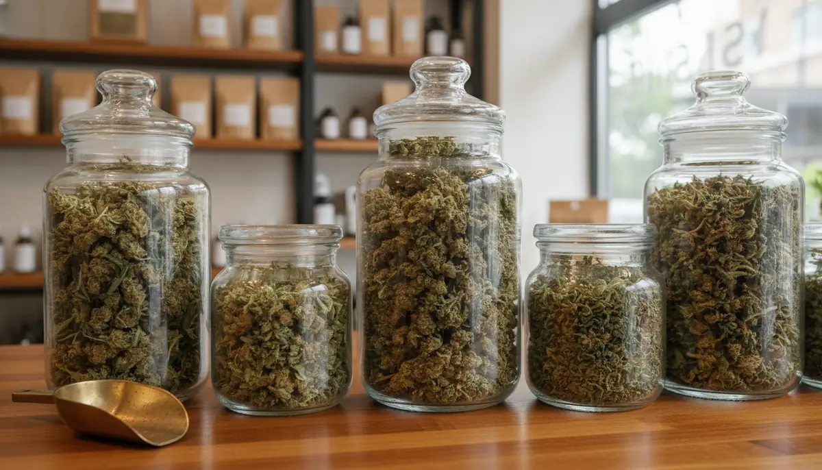 Bocaux en verre de fleurs de CBD alignés sur le comptoir en bois d'une boutique française