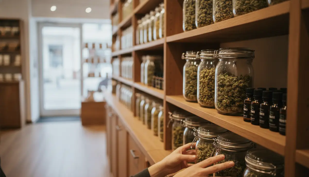 Étals d'une boutique de cannabis light avec des flacons d'huile de CBD et des bocaux de fleurs de chanvre, illustrant le secteur économique menacé