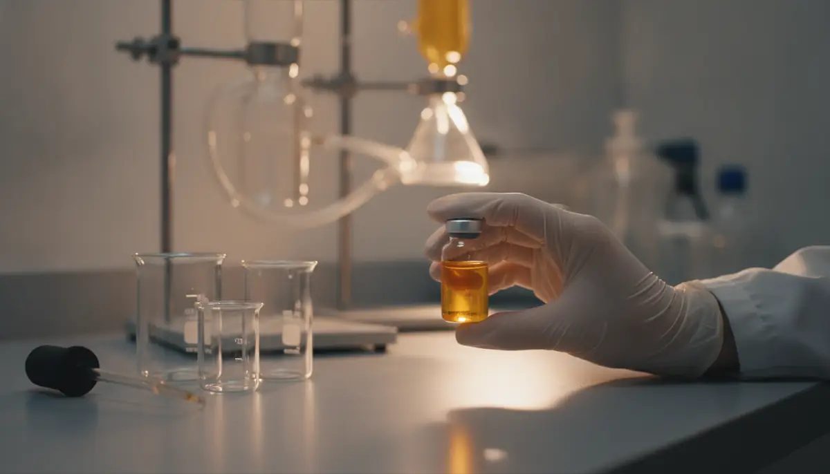 Main gantée tenant un flacon d'extrait de cannabinoïde ambré au-dessus d'une paillasse de laboratoire