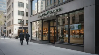 Devanture d'une boutique de cannabis legale dans une rue canadienne, passants sur le trottoir en journee