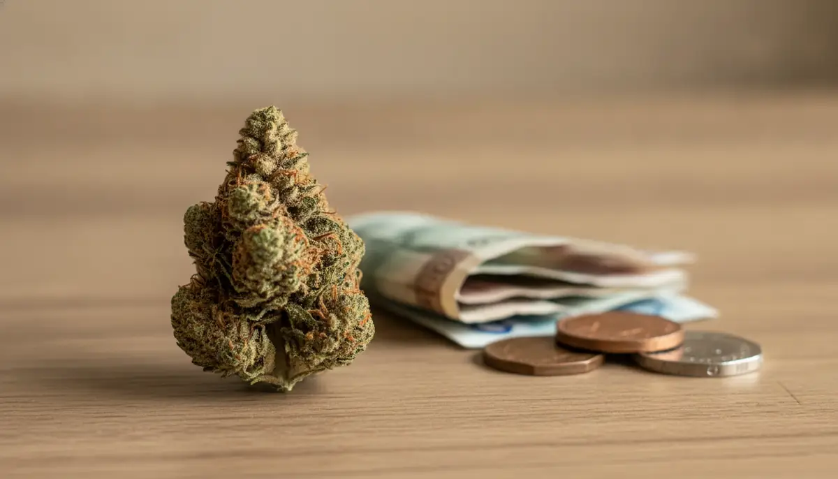 Feuille de cannabis posée à côté de billets de banque et de pièces sur une table, symbole du cannabis médical payé de sa poche.