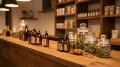 Comptoir d'une boutique italienne de cannabis light présentant des flacons d'huile de CBD et des bocaux de chanvre