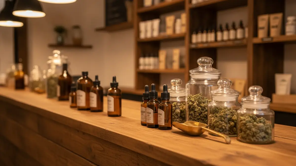 Comptoir d'une boutique italienne de cannabis light présentant des flacons d'huile de CBD et des bocaux de chanvre
