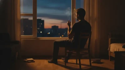 Jeune adulte vu de dos, assis pres d'une fenetre au crepuscule, une cigarette roulee a la main