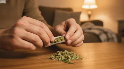 Deux mains roulent un joint de cannabis sur une table en bois, ambiance détendue et lumière chaude