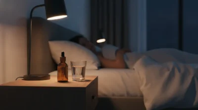 Flacon d'huile ambre sur une table de chevet, une personne endormie dans une chambre la nuit