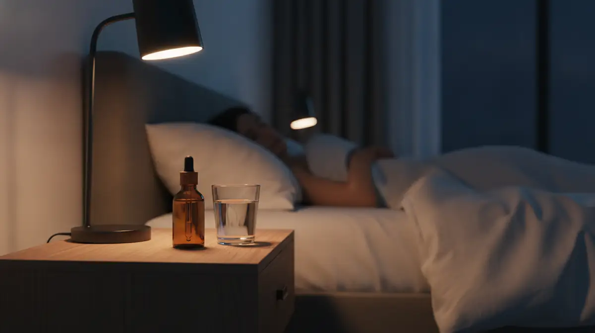 Flacon d'huile ambre sur une table de chevet, une personne endormie dans une chambre la nuit