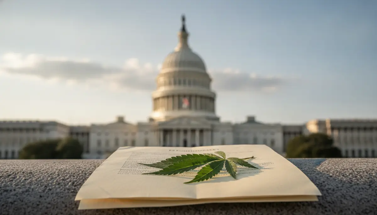 Feuille de cannabis posée sur des documents officiels devant le Capitole américain, symbole du débat fédéral