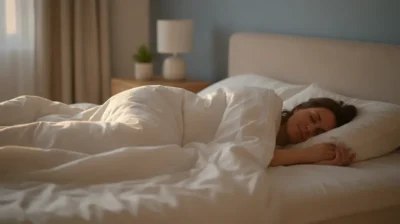 Une personne endormie paisiblement dans un lit au petit matin, image du sommeil retrouve apres un traitement contre les cauchemars