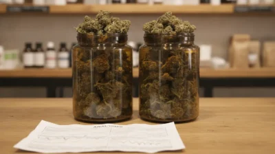 Fleurs de CBD en bocal sur le comptoir d'une boutique, a cote d'un document d'analyse de laboratoire