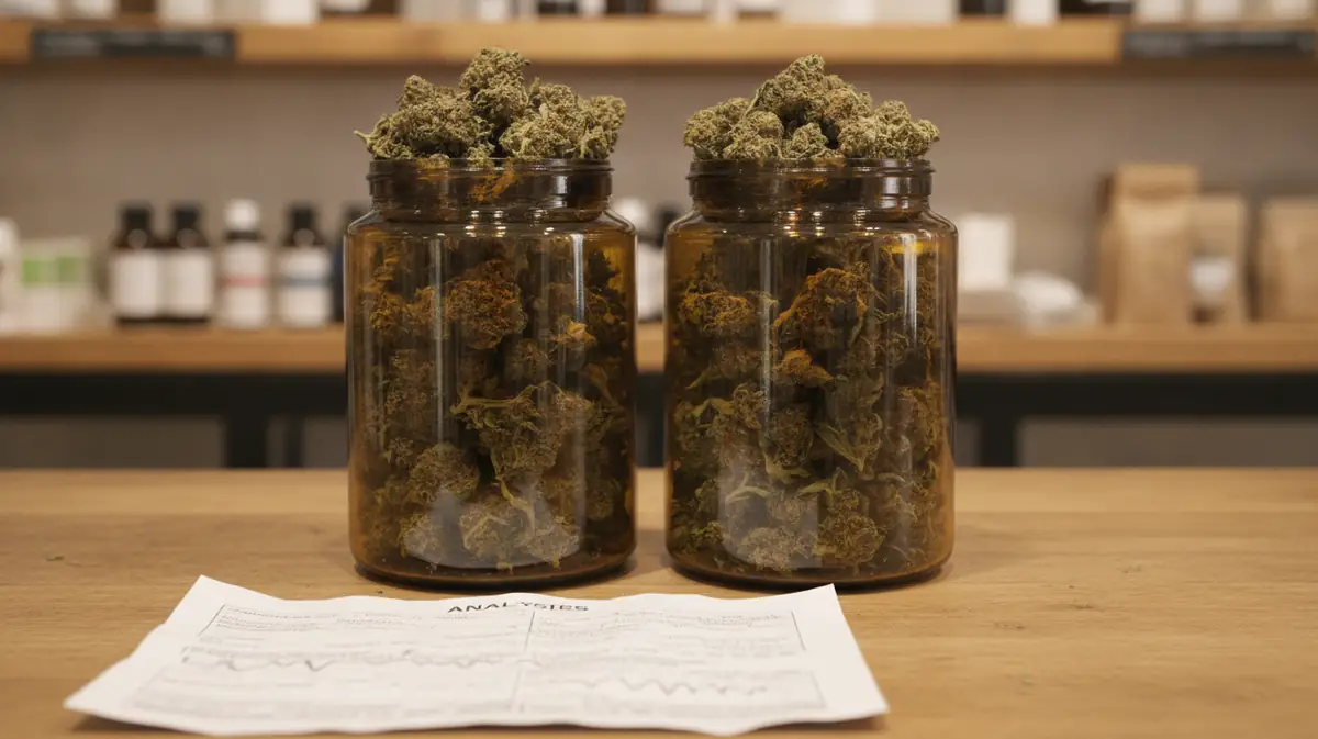 Fleurs de CBD en bocal sur le comptoir d'une boutique, a cote d'un document d'analyse de laboratoire