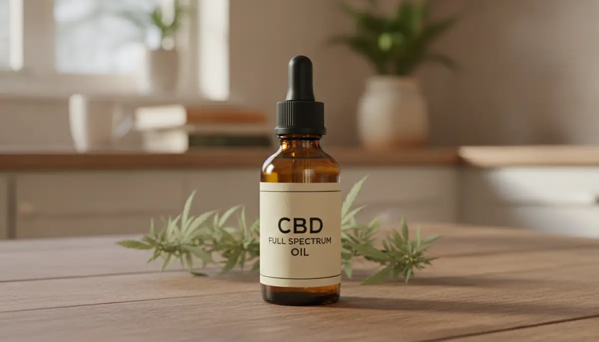 Flacon d'huile de CBD avec compte-gouttes posé sur une table, fleurs de chanvre en arrière-plan flou