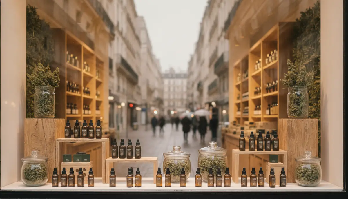 Vitrine d'une boutique de CBD dans une rue commercante en France, flacons et fleurs presentes en devanture, sans marque lisible