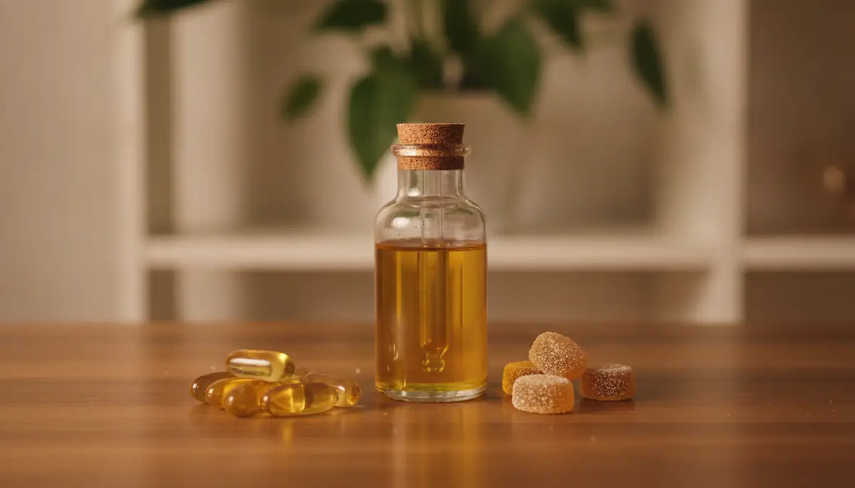 Flacon d'huile de CBD, gelules et gouttes disposes sur une table en bois