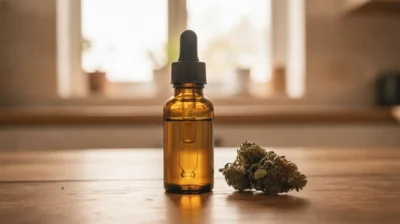 Flacon compte-gouttes d'huile de CBD pose pres d'une fleur de cannabis sur une table en bois