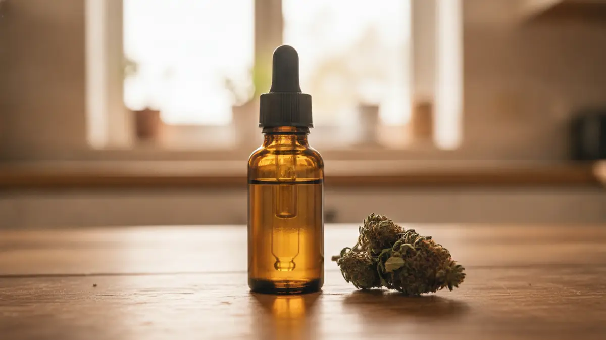 Flacon compte-gouttes d'huile de CBD pose pres d'une fleur de cannabis sur une table en bois
