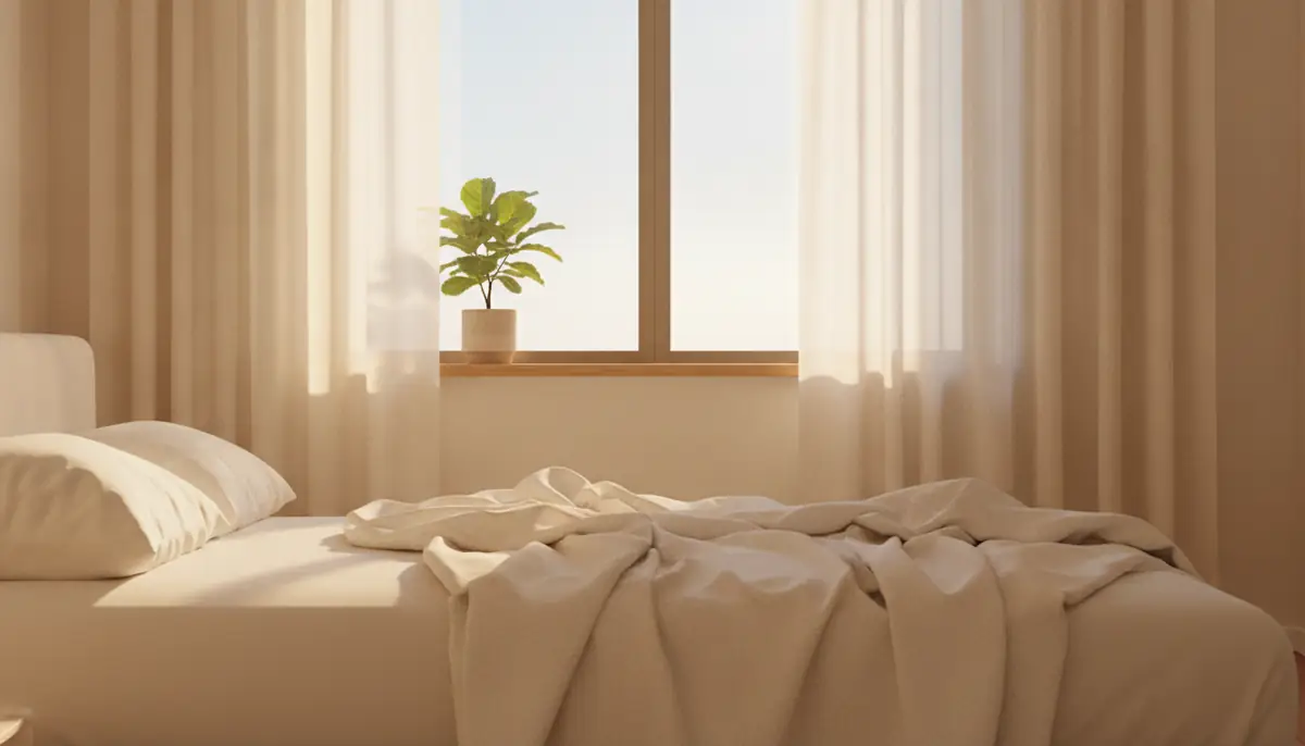 Une chambre calme baignee de lumiere douce au petit matin, symbole du sommeil retrouve