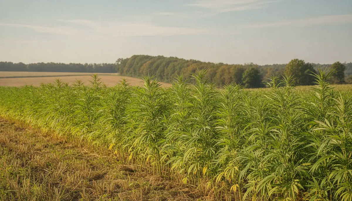 Champ de chanvre cultivé en plein air sous un ciel clair, illustrant le cadre légal français fondé sur la plante