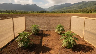 Champ de cannabis à faible teneur en THC cultivé sous le soleil d'un territoire tropical du Pacifique