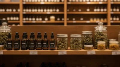 Rayon d'une boutique américaine présentant des flacons et bocaux de produits au chanvre, étiquettes floutées