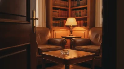 Salon prive intime avec fauteuils en cuir use et table basse en bois, vu depuis une porte entrouverte dans un appartement espagnol