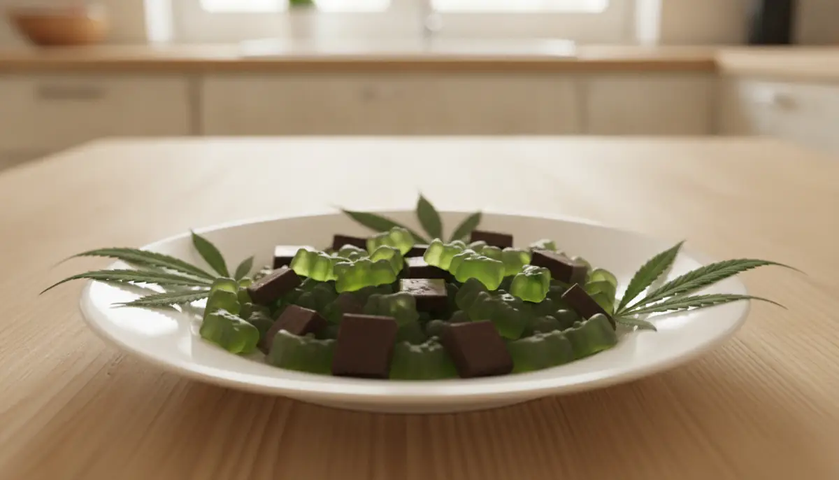 Des bonbons et carrés chocolatés au cannabis disposés sur une assiette, sur une table en bois clair