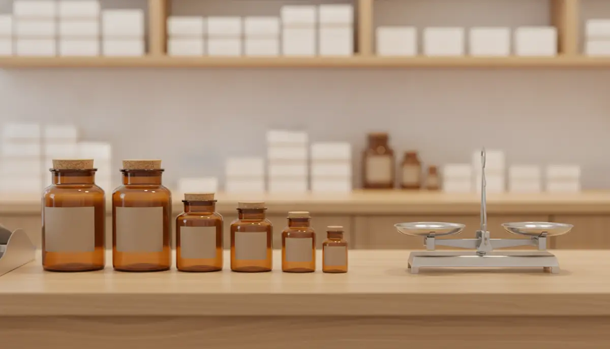 Comptoir de pharmacie avec des bocaux ambrés neutres et une balance de précision, sans marque visible