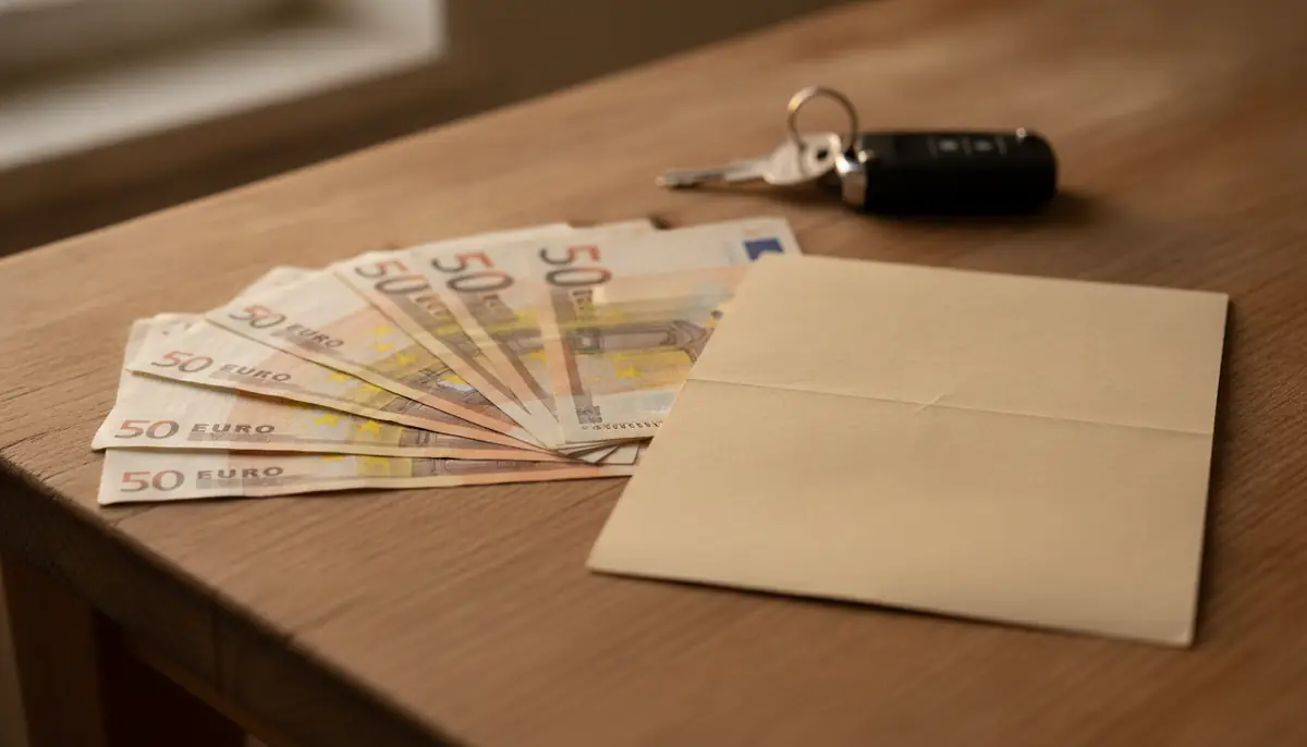 Billets en euros et un avis officiel plié posés sur une table en bois, evoquant le montant d'une amende.
