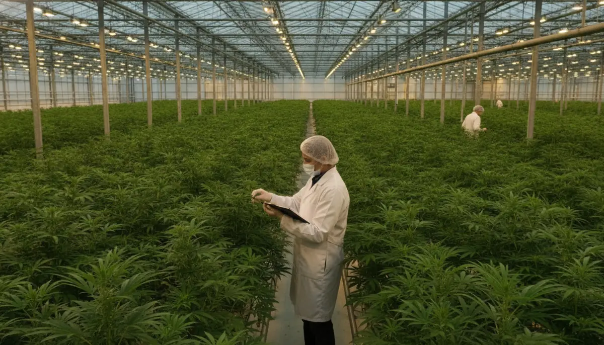 Serre de culture de cannabis medical aux normes pharmaceutiques, rangees de plants sous lumiere controlee