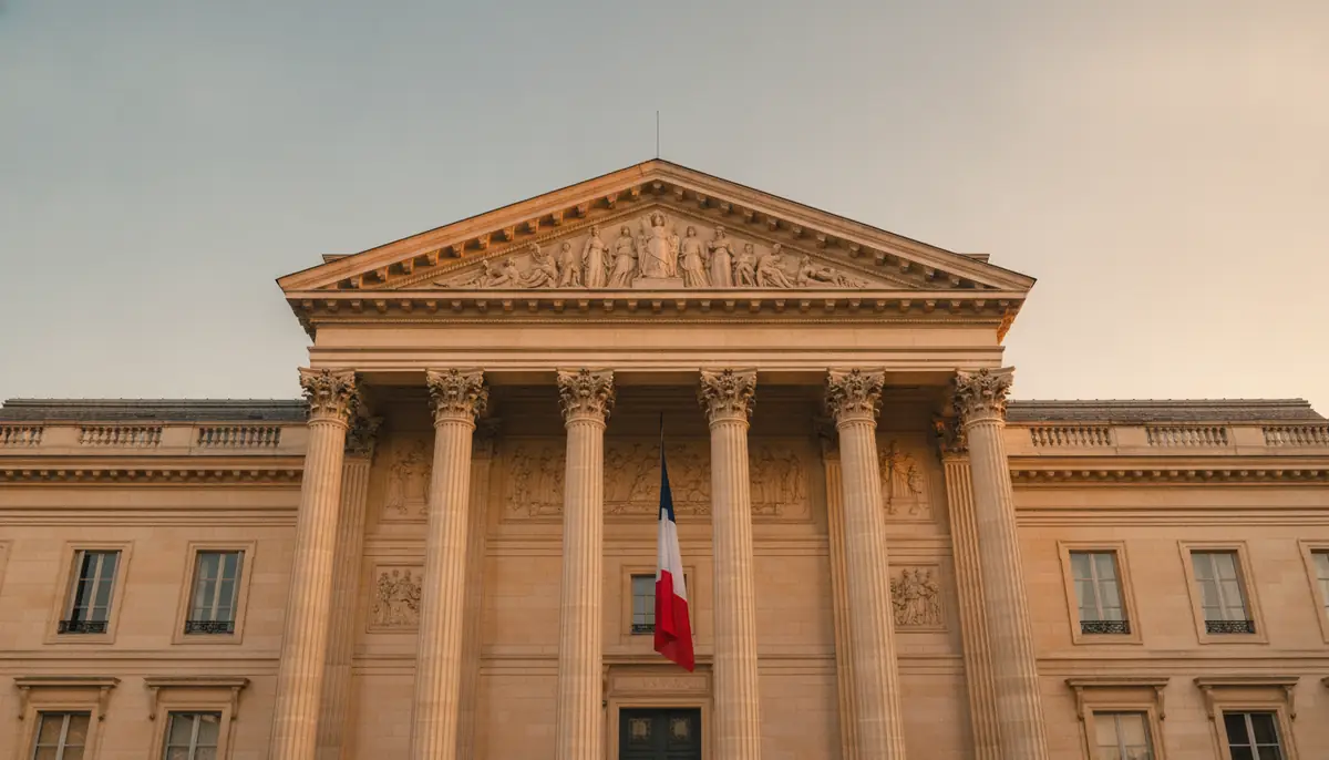 Facade neoclassique d'un batiment parlementaire francais sous une lumiere de fin de journee.