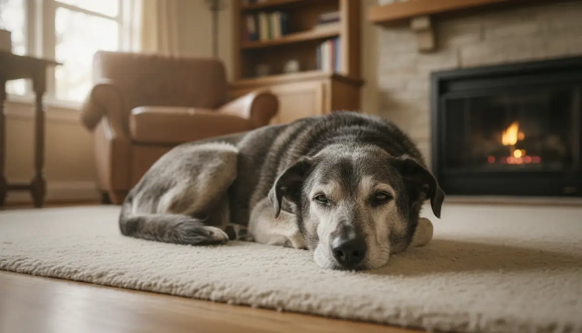 Un chien age au pelage gris, allonge et paisible sur un tapis dans un salon