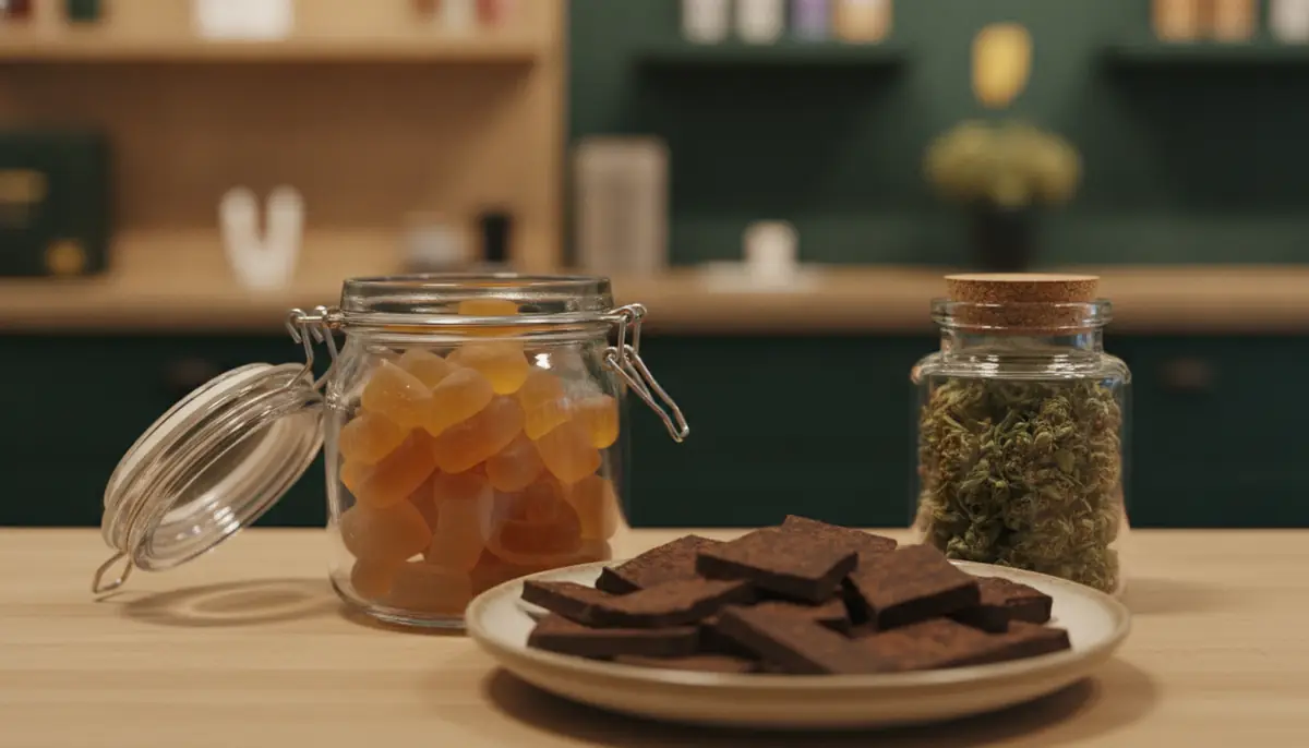 Comptoir d'une boutique californienne présentant des bonbons et pâtes à mâcher au cannabis à côté d'un pot de fleurs séchées
