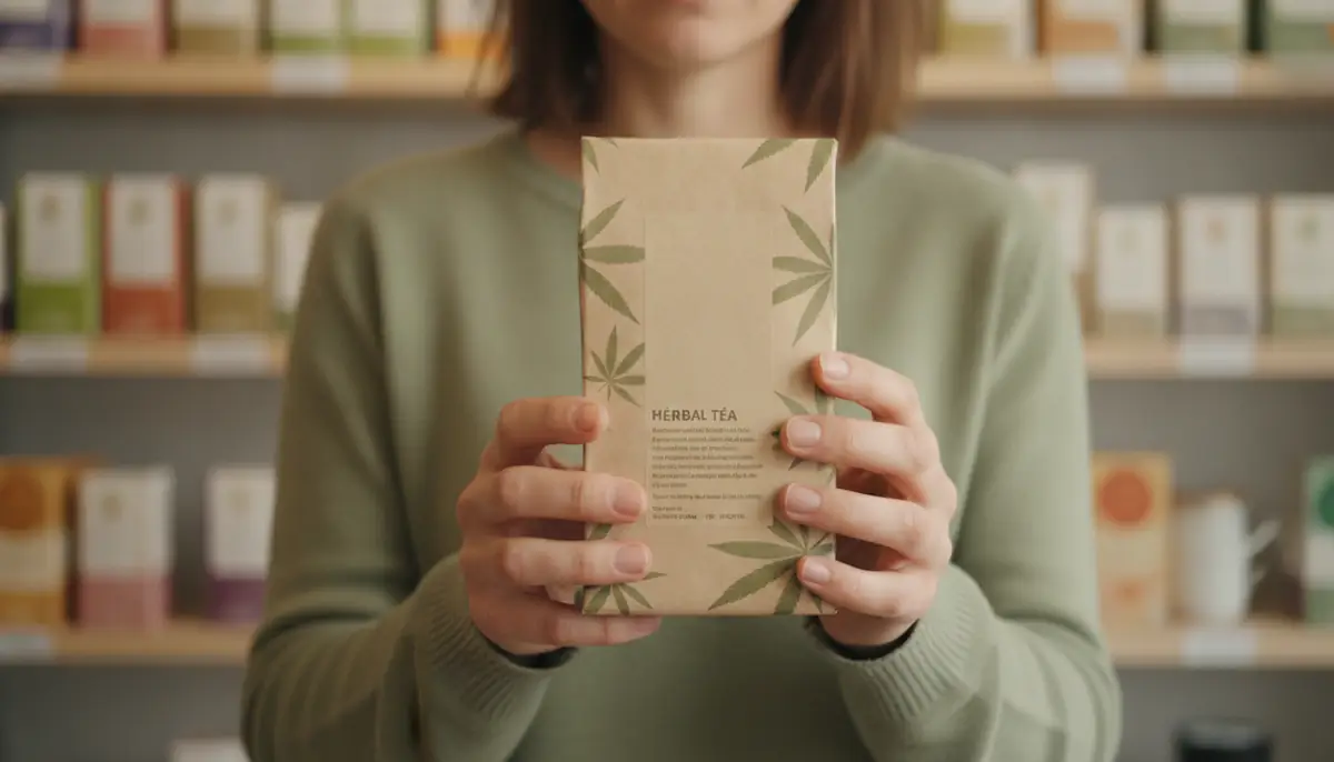 Consommateur lisant l'étiquette d'un paquet d'infusion de chanvre dans une boutique
