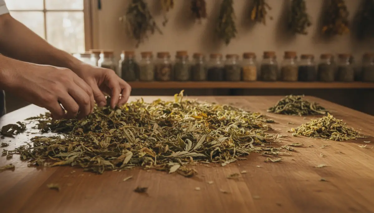 Feuilles de chanvre séchées prêtes à être infusées, disposées sur un plan de travail en bois