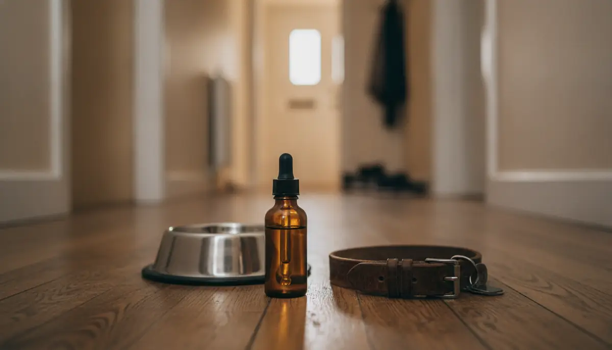 Un flacon compte-gouttes d'huile de CBD pose pres d'une gamelle et d'un collier de chien