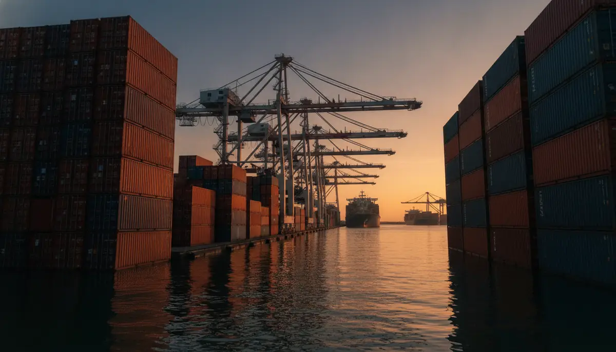 Terminal portuaire avec conteneurs empilés au crépuscule, évoquant les routes du commerce interrégional du cannabis.